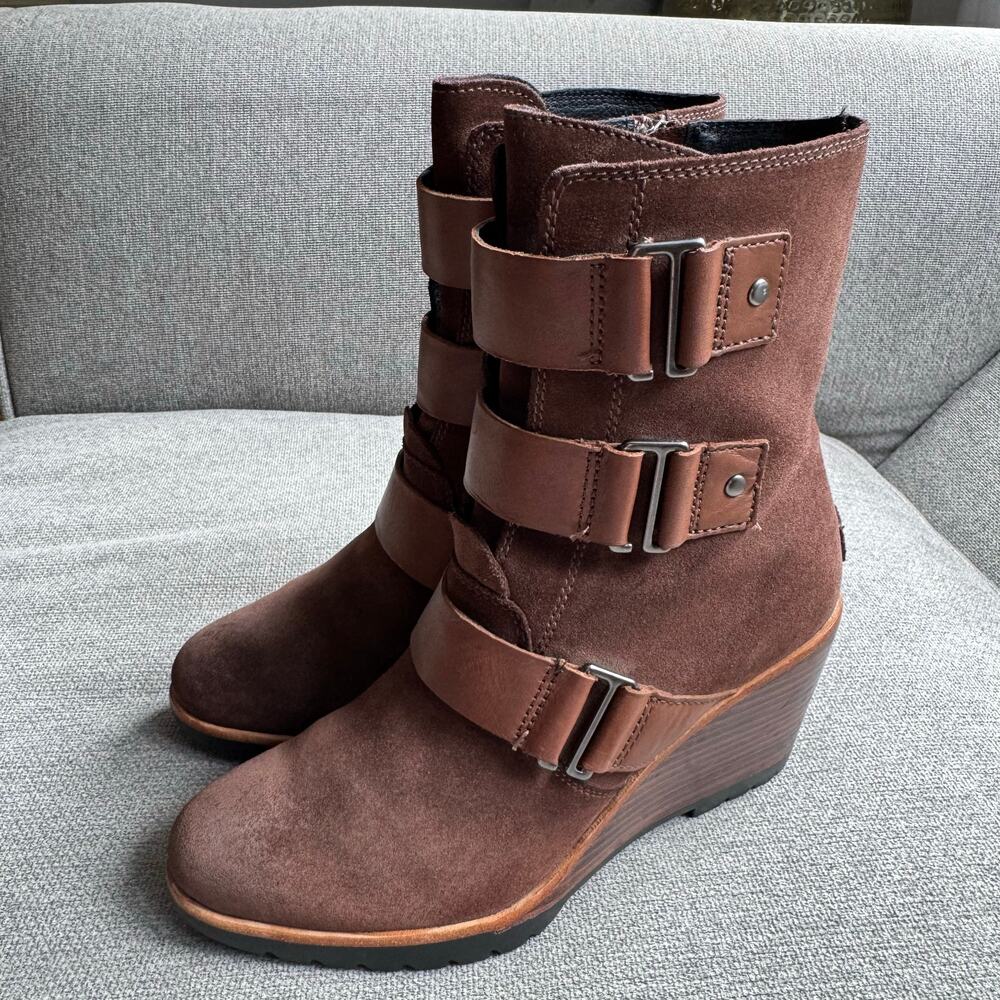 Sorel Womens After Hours Suede Wedge Booties Size 8.5 Brown Ankle Leather Straps - Picture 9 of 12